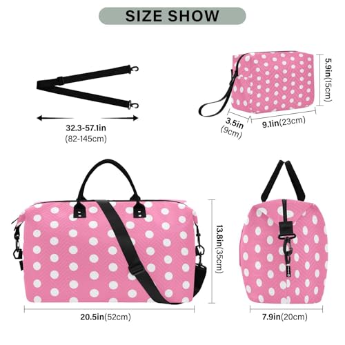 Polka Dots Pink White Travel Duffel Bag, Shoulder Weekender Overnight Bags - Large Gym Bag with Wet Pocket3