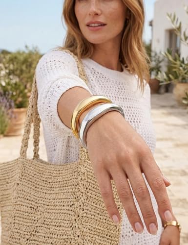 Image of Chunky Gold Bangle Bracelets for Women, Dainty 14k Gold Plated Big Stackable Bangles Set, Trendy Statement Cuff Bracelet Stack Fashion Jewelry Gifts