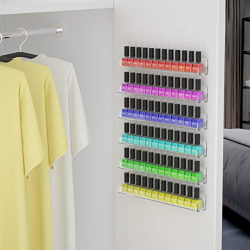 NIUBEE 6 Pack Nail Polish Rack Wall Mounted Shelf with Removable Anti-slip End Inserts, Clear Acrylic Nail Polish Organizer Display 90 Bottles