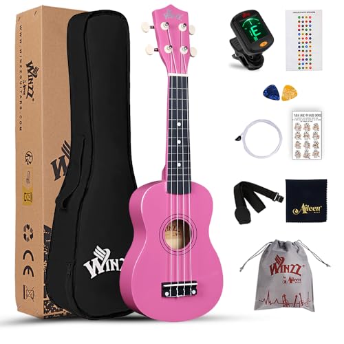 Winzz Ukelele Soprano Starter Kit para Principiante. Incluye: Funda, Afinador, Cuerdas Extra, Correa Ajustable, Púas, Pegatinas de notas, Guía de Acordes y Paño de Pulido. Color: Rosado