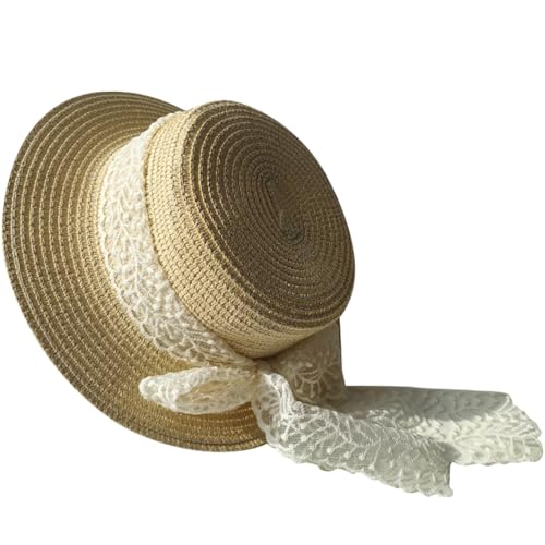 Girls Straw Sun Hat with Wide Brim and Lacinging Bow for Summer Beach Outdoor Play