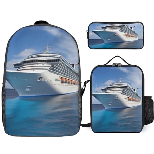 3 Piece Backpack for Women Men Lightweight Causal Daypack Shoulder Bag Set with Insulated Lunch Bag And Pencil Case Organizers Cruise Ship
