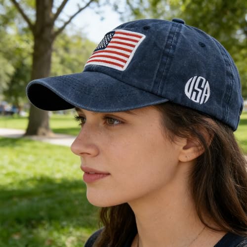 Image of IZUS Women USA-Flag Baseball-Cap American Patriotic Baseball Hats Men's Distressed-Cotton Dad-Hat for Adult Teens
