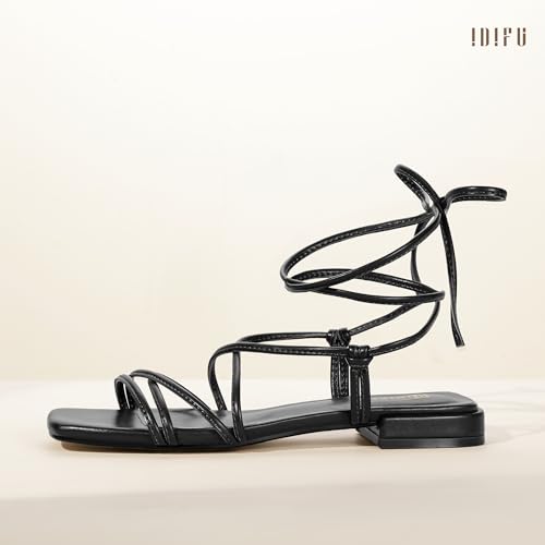 Image of IDIFU Strappy Lace Up Flat Sandals for Women Tie Up Square Open Toe Ankle Wrap Straps Dressy Gladiator Summer Beach Wedding Party Ladies Comfortable Cute Casual Dress Sandals