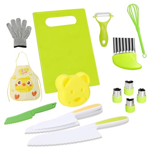 CUPERINOX Cuchillos Montessori | Set de Cuchillos Infantiles de 16 Piezas | Cuchillos Niños Aprendizaje +2 Años | Incluye Delantal, Guante de Seguridad, Moldes Tabla de Cortar | Kids Collection