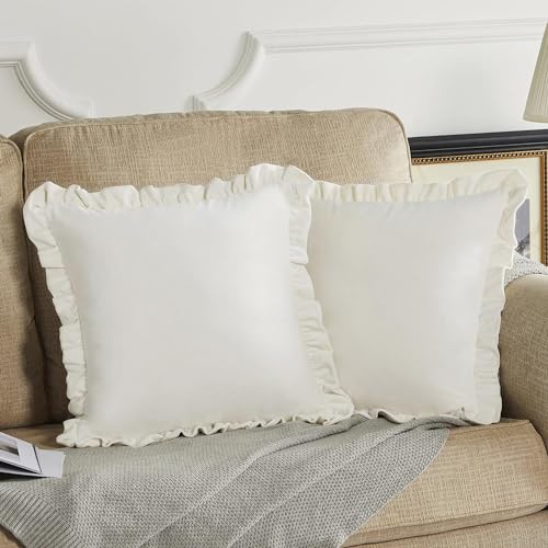 Image of Velvet White 24x24 Pillow Covers, Set of 2 Decorative Ruffle Cushoin Pillow Covers for Sofa Couch