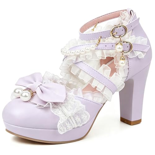 Image of FOREADA Lolita Shoes Platform Mary Jane Heels Kawaii Bow Lace Pearl Pumps