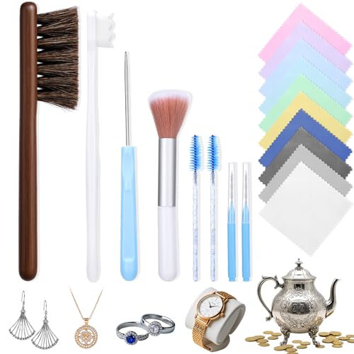 XANGNIER Jewelry Cleaning Kit 18 Pcs Jewelry Cleaner Brush Tool Set-Cleaning Polishing Cloth Big&Small Hole Brush Needles and Crevice Brush for All Jewelry Ring Gold Diamond Earring Sterling Silver