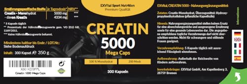 Creatin 5000 Mega Caps, 5000 mg Creatin Monohydrat pro Tagesdosis, 300 vegane Kapseln, 100% rein mit Mesh Faktor 200- Vegan & laborgeprüft