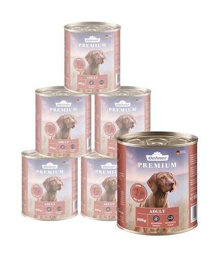 Dehner Premium Hundefutter, Nassfutter getreidefrei, für ausgewachsene Hunde, Rind / Pute, 6 x 800 g Dose (4.8 kg)
