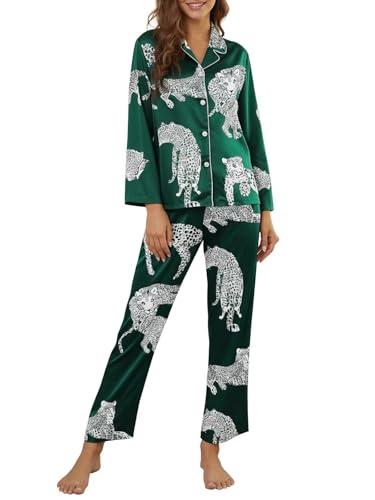 Image of Brosloth Women's Silk Satin Pajamas Pjs Sets Cute Lace Pattern Two Piece Loungewear Set Button Up Pajamas Sleepwear Black