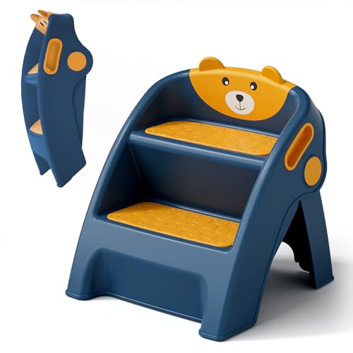 Image of Toddler Step Stool Foldable 2 Step Stool for Kids Collapsible Stool Anti-Slip Stepping Stool for Bathroom Sink Potty Toilet Toddler Kitchen Stool Helper (DarkBlue)
