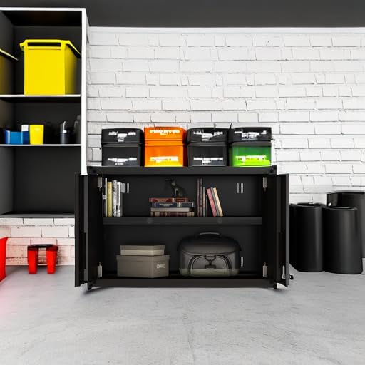 Ready-to-Assemble Floating Garage Storage Cabinet - Wall Mount Garage Cabinet w/Lockable 2 Doors, 44 lbs Shelf Capacity, Removable Shelf, Small Steel Metal Cabinet(Black) - Image 3