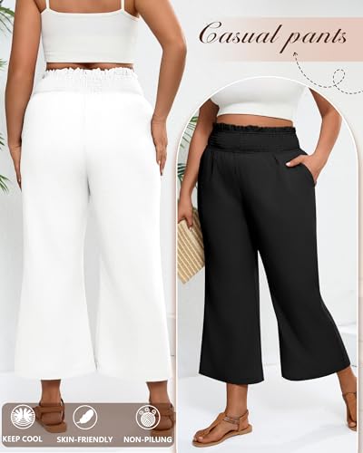 2 Pack Women's Plus Size Linen Pants, Elastic Waist Flowy Cropped Pants Casual Wide Leg Capri Palazzo Trousers4