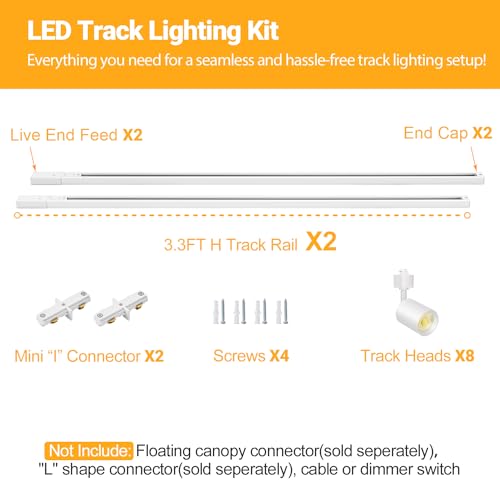 Image of VANoopee 8-Light LED Track Lighting Kit with 6.6FT H Type Track Rail, White | Dimmable LED Track Light Heads Modern Kitchen Track Lighting Fixtures Ceiling Spot Light, 3000K 24 CRI90+ 10W 800lm