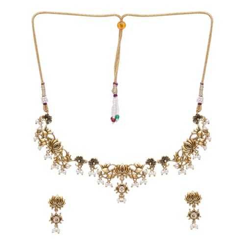 Image of VOYLLA Apsara Lotus Motif Filigree Gold Plated Brass Jewellery Set For Women, Jewellery Set For Women, Womens Gift, Gift For Her
