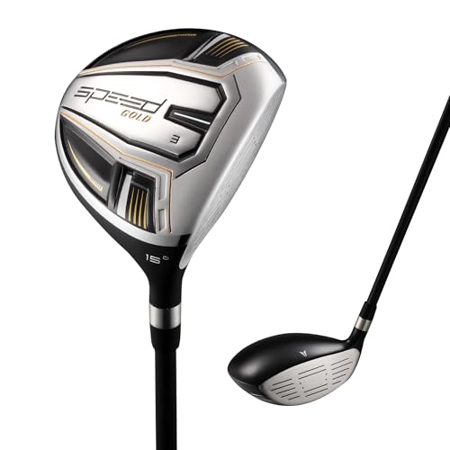 Speed System Golf Stainless Steel Fairway Golf Club Lightweight Graphite Shaft High Launch USGA Approved Right Hand Mens Club and Headcover Black - Gold - Senior Flex - 7 Wood 22 Degrees