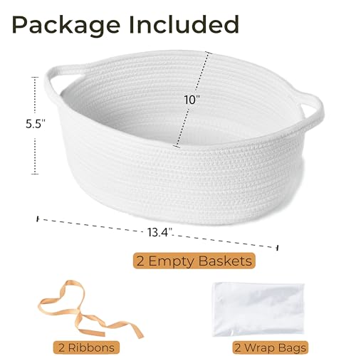 Image of 2-Pack Large Woven Gift Baskets Empty with Bags & Ribbons, Gifts for Dad, Baby Shower, Birthdays & Raffle, Cotton Rope Storage Basket for Dog Toys or Shelf - 13.4 inchx10 inchx5.5 inch, White