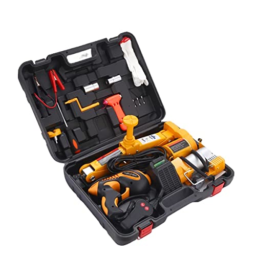ROGTZ Electric Car Jack Set – 12V Auto Scissor Lift 3 Ton Vehicle Trailer Floor Jack Stands for Tire Change Emergency Tyre Repair Kit with Impact Wrench and Air Pump