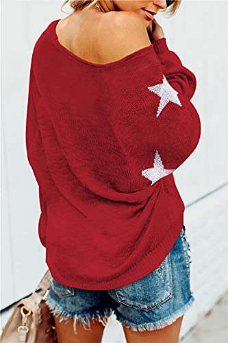 Women's Scoop Neck Long Sleeve Star Pullover Sweater Tunic Tops Red S #TOP3
