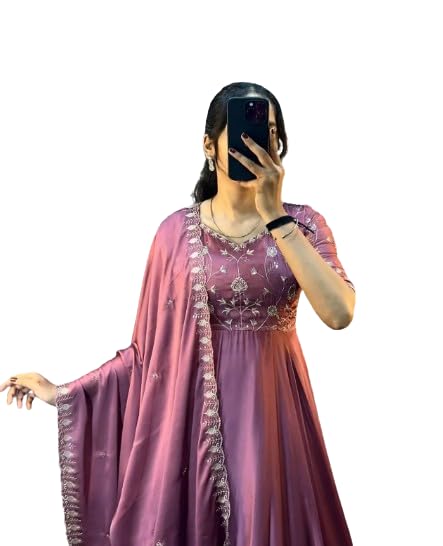 Pink Heavy Designer Embroidered Satin Chiffon Gown with Dupatta Set (in, Alpha, 2XL, Regular)