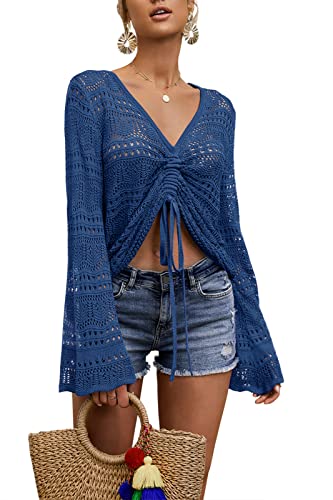 Image of Saodimallsu Womens Boho Off Shoulder Sheer Crop Tops Bell Sleeve Flowy Oversized Crochet Ruched Pullover Sweaters