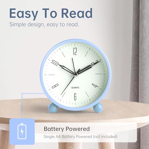 Image of Analog Alarm Clock, 4 inch Super Silent Non Ticking Small Clock with Night Light, Battery Operated, Simple Design, Old fashioned Style SkyBlue decor, for Bedroom, Bedside, Desk, Adult, Gift, Blue