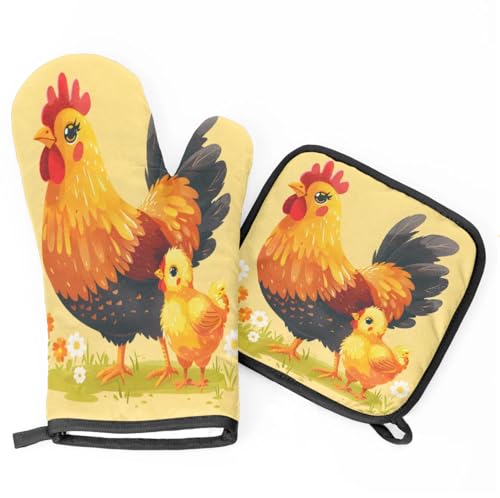 Meadow Flower Rooster Oven Mitts Kitchen Oven Gloves for Cooking Baking Heat Proof Lining Cotton Kitchen Potholder Mittens Pot Holders Hot Pads for Chef Women Men