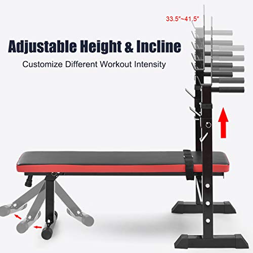 GYMAX Adjustable Weight Bench with Barbell Rack, Folding Lifting Bench for Full Body Exercise, Foldable Workout Sip Up/ Incline Bench for Home/Apartment
