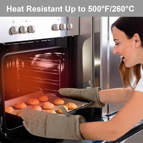 Image of KEGOUU Oven Mitts and Pot Holders 6pcs Set, Kitchen Oven Glove High Heat Resistant 500 Degree Extra Long Oven Mitts and Potholder with Non-Slip Silicone Surface for Cooking (Khaki)