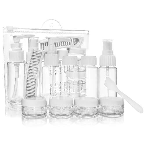 Portable Travel Bottles Kit, Upgraded TSA Approved Leak Proof Toiletry Containers Set, Clear PET Flight Size Cosmetic Containers for Lotion, Shampoo, Cream, Soap, Set of 12, White
