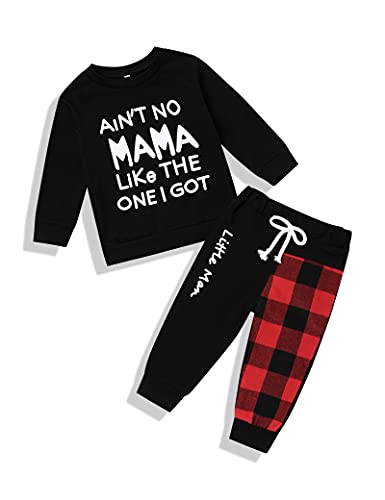 TUEMOS Toddler Boy Clothes Ain't No Mama Like The One I Got Sweatshirt Print Top Plaid Stitching Pant Winter 2Pc Outfit Sets