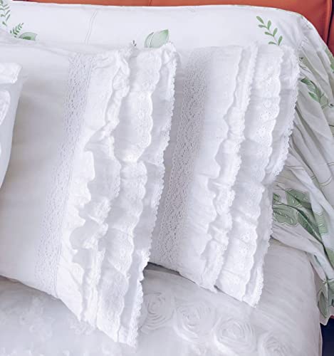 Qsh Queen’S House White Embroidery Lace Pillow Cases Cotton Vintage Ruffled Pillow Shams Standard Size Set Of 2 thumb #4