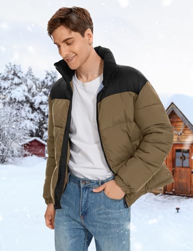 Image of PEHMEA Men's Puffer Jacket Stand Collar Zipper Coat with Pockets Retro Bubble Outwear for Winter