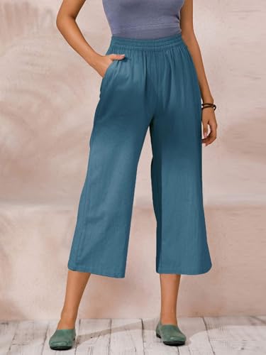 Image of ECUPPER Womens Cotton Cropped Pants Wide Leg Trousers | Casual, Plus Size, Elastic Waist, Capri, 100% Cotton, Loose Fit, High Rise Waist, Lounge Pants