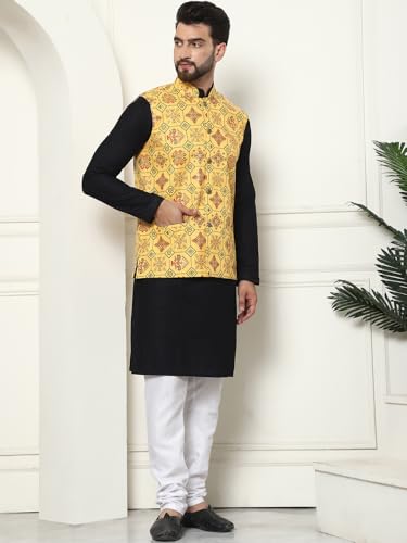 Image of SOJANYA (Since 1958 Men's Cotton Linen Maroon Kurta and White Pyjama with Mustard Cotton Nehru Jacket