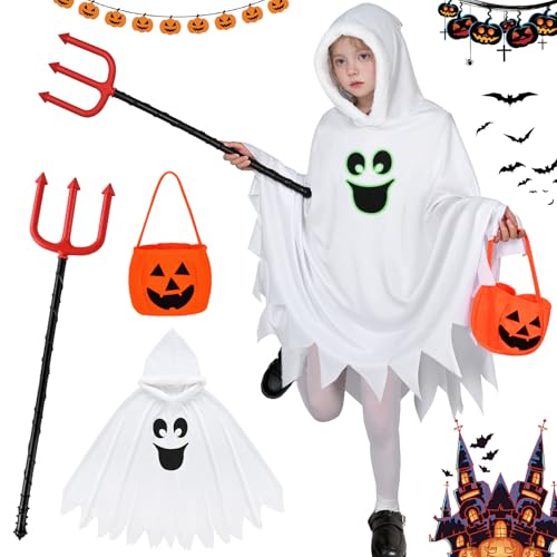Ghost Costume Kids Halloween Costumes for Girls Boys Glow in the Dark Ghost Face Outfit Halloween Children Cloak Hooded Fancy Dress Pumpkin Bags Trick-or-Treating Party (Kids Style 1