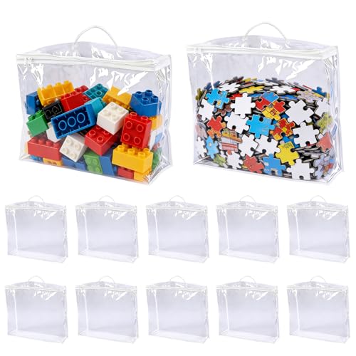 KASURE Lot de 12 Sacs de Rangement,Sacs de Rangement pour Jouets Transparent PVC Étanche Réutilisable,Sacs à Fermeture Éclair avec Poignées 35x28x8cm pour Blocs de Construction,Puzzle et Petits Jouets
