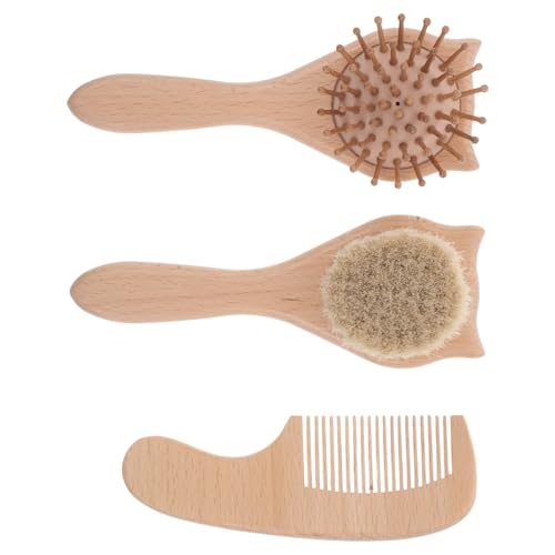 TOPPERFUN Juego de 2 Cepillos para Ñiño con Cerdas Suaves de Lana Natural y Peine de Madera de Haya Kit de Aseo Delicado para Recién Nacidos Cuidado del Cuero Cabelludo y Masaje Relajante