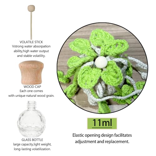 Image of Crochet Car Air Freshener Hanging, Cute Hanging Plant for Cars, Crochet Plant with 10ml Empty Refillable Oil Diffuser Bottle, Handmade Boho Car Ornaments Charms for Rear View Mirror, Green