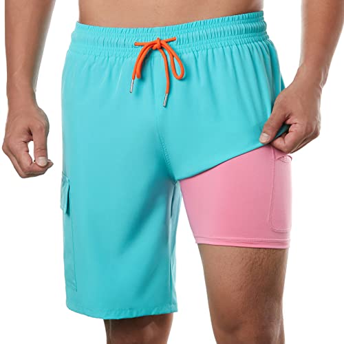 Brisira Mens Swim Trunks 9 Inch Inseam Board Shorts With Compression Liner Swimsuit Bathing Suit Quick Dry Cargo Pocket Lightblue #TOP7