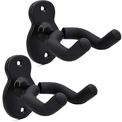 WOGOD Guitar Wall Mount Hanger 2 Pack Acoustic Holders Electric Hooks Classical Bass Ukulele Stands Display - Metal Home and Studio Guitar Hook (BLACK-2PACK)