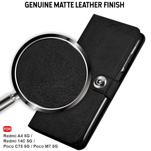 Image of TheGiftKart Genuine Leather Finish Flip Back Cover Case for Mi Redmi A4 5G / Redmi 14C 5G / Poco C75 5G / Poco M7 5G | Inbuilt Pockets & Stand | Designer Button Magnet Flip Cover (Faux Leather, Black)