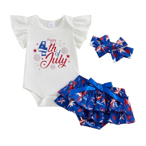 Image of Amnnchya 4th of July Baby Girl Outfits First Independence Day Fly Sleeve Romper Stars Shorts My 1st Fourth of July Outfit