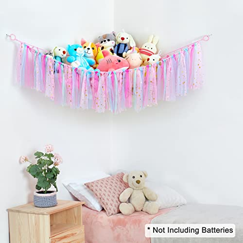 Fiobee Stuffed Animals Net Or Hammock With Led Light, Toy Hammock Hanging Stuffed Animals Storage Organizer Holder Room Décor With Tassels For Nursery Play Room Kids Bedroom #TOP2