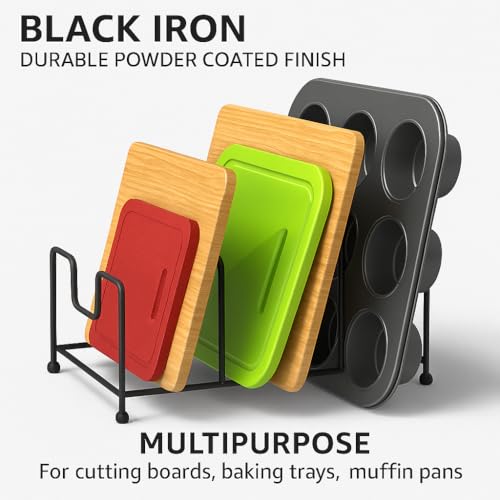 Image of Pan & Pot Lid Organizer Rack - Multifunctional Cookware for Cabinet, Pantry Chopping Board Holder, Space-Saving Kitchen Organizer, Black (L-9 x W-8.75 x H-7 Inches W-RACK)