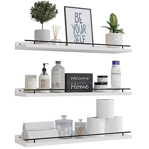 WOPITUES Floating Shelves 24 inch with Gold Metal Guardrail, Shelves