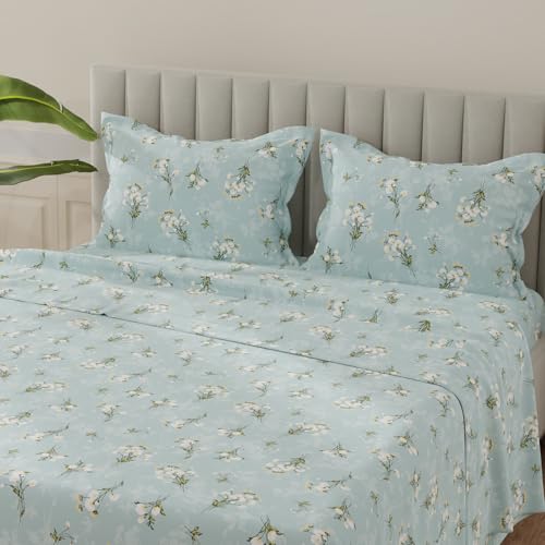 Image of Layers 100% Cotton Bedsheet for King Size Bed | Lumina Floret Collection | 144 TC Soft & Breathable | Printed with 2 Pillow Covers | Wrinkle Free & Colorfast | 3 Piece Bedding Set - Blue