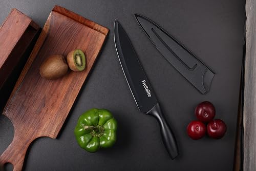 Image of Fruitalite 8-inch Chef Knife with Blade Cover- Premium Razor-Sharp Stainless Steel Multi-Purpose Kitchen Knife | Non-Stick Coating | Non-Slip Ergonomic Handles, Home Use for Chopping & Cutting- Black