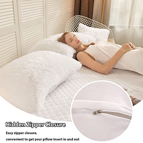 Liferevo 2 Pack Faux Fur Pillow Shams,Shaggy Plush Home Decorative Luxury Series Super Soft Furry Pillow Case With Zipper Closure For Home Sofa Couch Decoration,Standard Queen(White,20"X26") #TOP4
